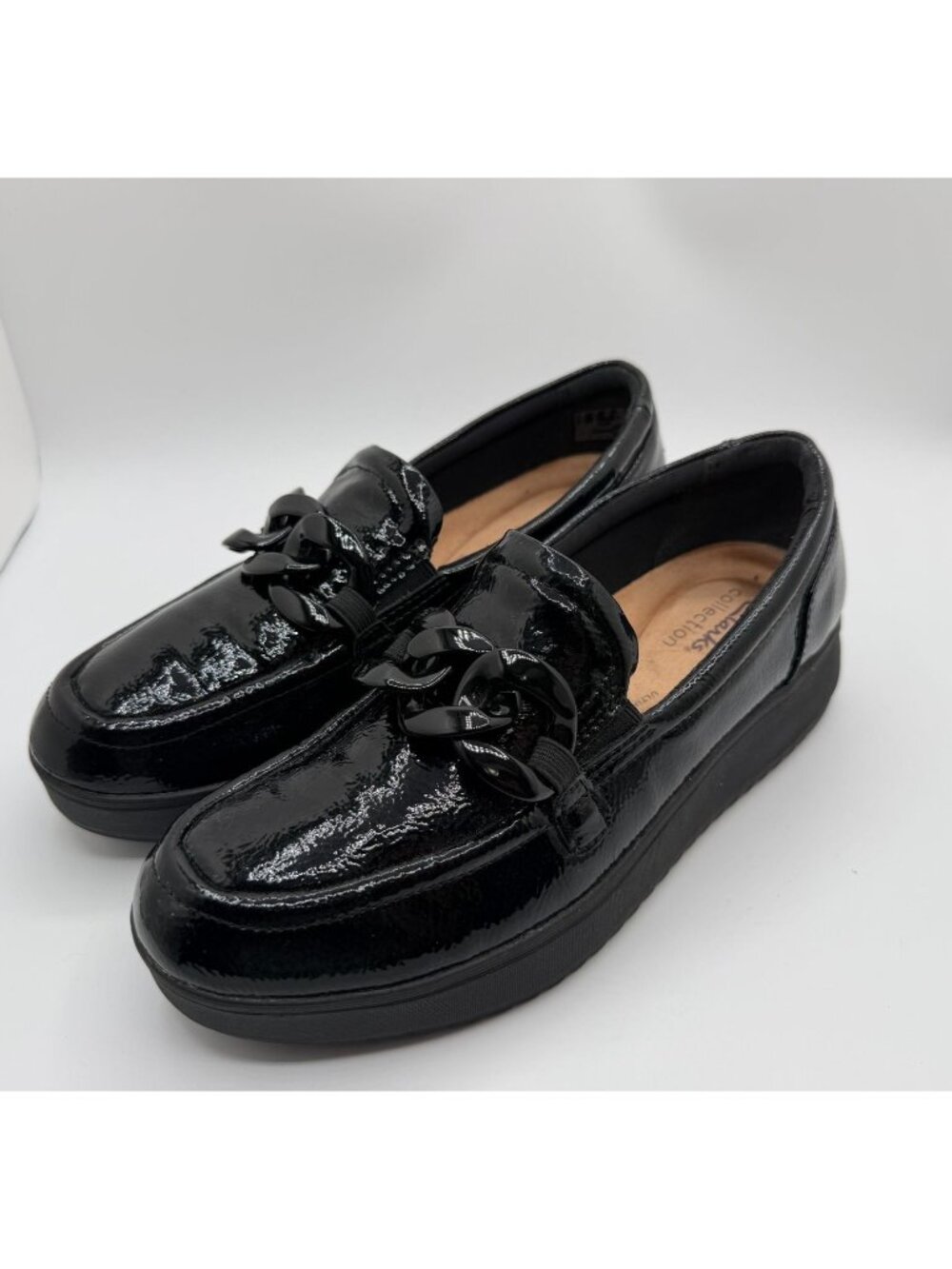 Clarks Zylah May Crinkle Patent Chain Loafers Wedge Heel Black Women Size 8M
